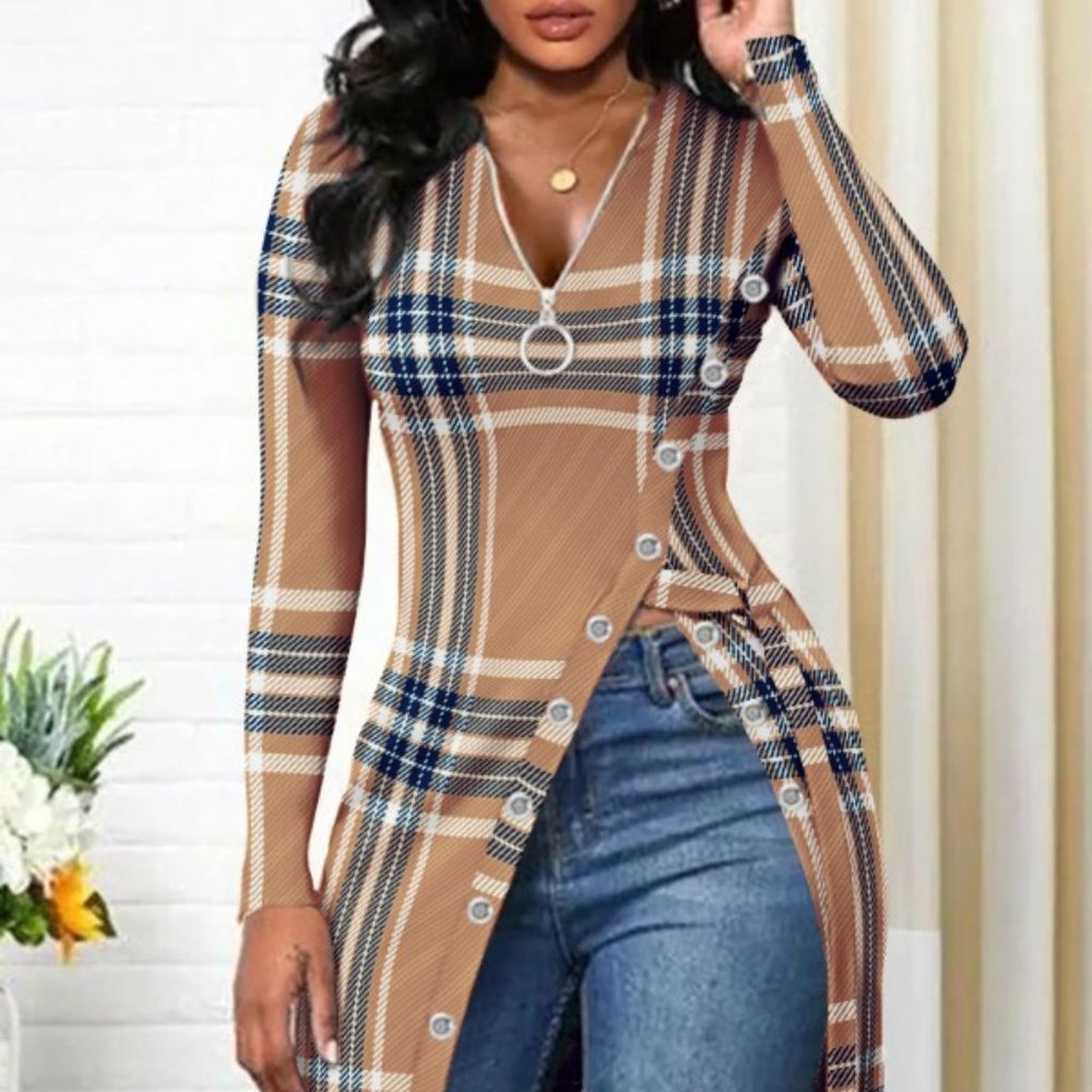 Plaid Print High Split Zip Front Top